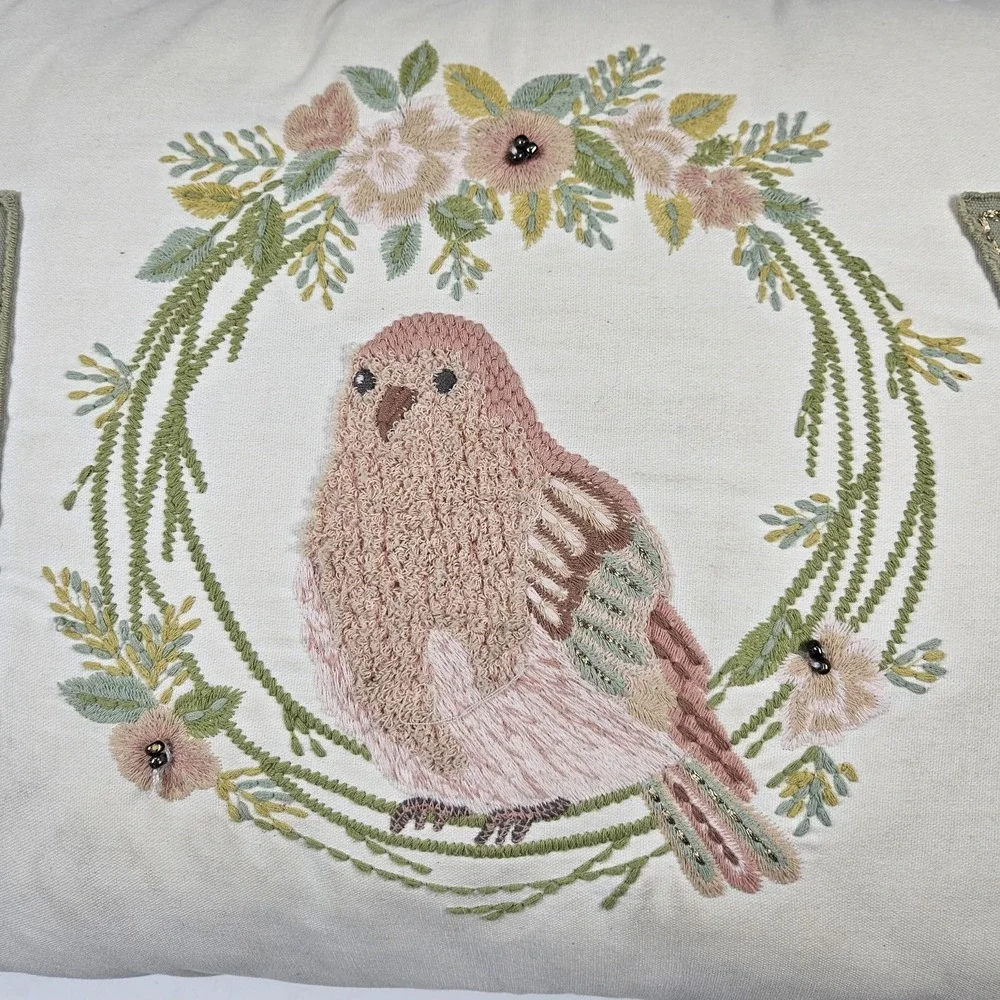 Pier 1 Imports Cushion Cover Pillow Embroidered JOY Pink Bird Zipper Christmas